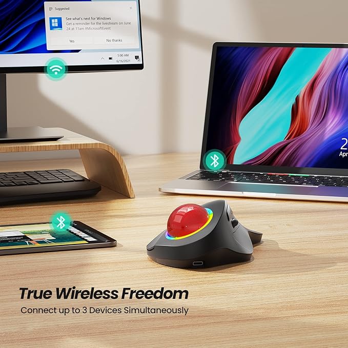 Nulea M505B Wireless Trackball Mouse Rechargeable Ergonomic RGB Rollerball Mouse Easy Index Finger Control with 5 Adjustable DPI 3 Device Connection for PC Laptop iPad Mac Windows Android