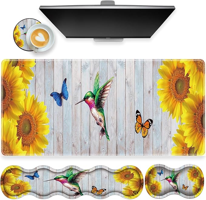 Large Gaming Mouse Pad Keyboard Wrist Rest + Mouse Wrist Pad + Coaster Combination Set Memory Sponge Non-Slip Base. Suitable for Office and Home Vintage Wood Butterfly Hummingbird