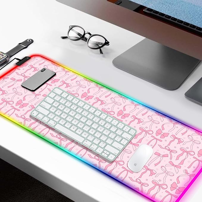 RGB Pretty Bow Girly Gaming Desk Mat Computer Keyboard Large Extended Long LED Mouse Pad for Office and Home XL (W24)