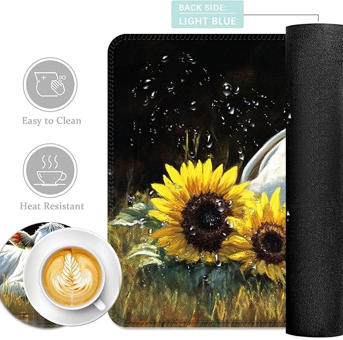 Keyboard Mouse Pad Set Extended Gaming Mouse Pad+Ergonomics Keyboard Wrist Rest Support Memory Foam Easy Typing Pain Relief 4Pcs XL Ultra Thick Desk MatWhite Cow Sunflowers