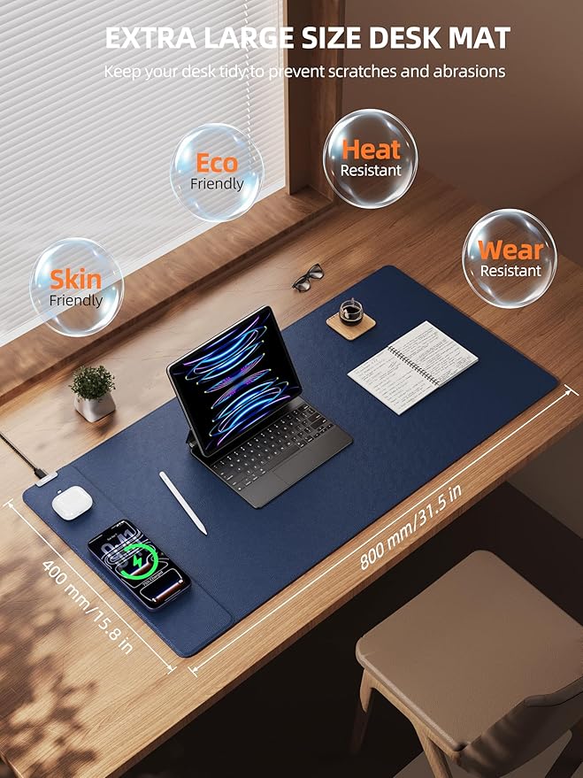 TopMade Mouse Pad with 15W Wireless Charging XXL Large Leather Desk Mat Waterproof Gaming Mousepad Home Office Desk Pad Protector Computer Keyboard Pad Mouse Mat for MacBook PC Laptop Blue