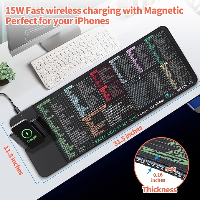Excel Shortcut Keys with Wireless Charging Phone Holder Gaming Mousepad Desk Mat 15W Qi Smooth Surface Non-Slip Extended Computer Keyboard Mat for MacBook PC Laptop