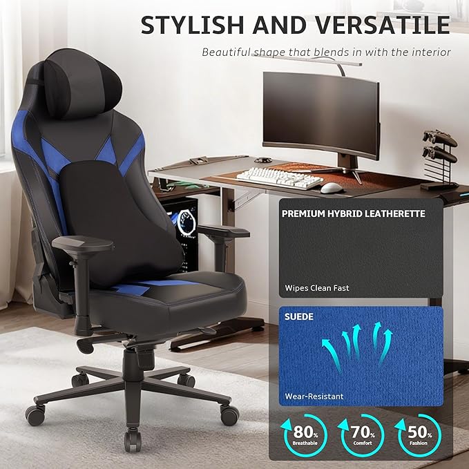 Ergonomic Gaming Chair Computer Desk Chairs 4D Armrests High Back Office Chair with Headrest &amp Lumbar Pillow Tilt Rocker Recliner Heavy-Duty Base Black PU Leather &amp Blue Suede Combo