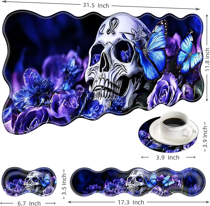 Large Mouse Pad and Keyboard Wrist Rest Desk Pad for Keyboard and Mouse 4-in-1 Large Gaming Mouse Pad with Wrist Support Desk Mat for Home Office Study Game-Skull and Butterflies