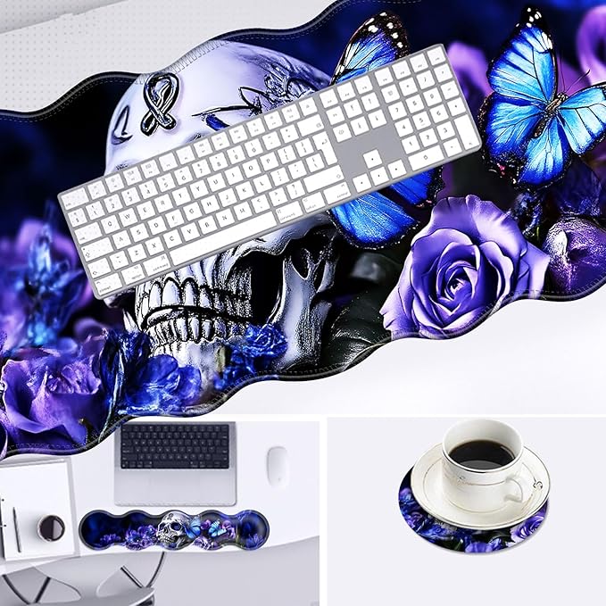 Large Mouse Pad and Keyboard Wrist Rest Desk Pad for Keyboard and Mouse 4-in-1 Large Gaming Mouse Pad with Wrist Support Desk Mat for Home Office Study Game-Skull and Butterflies