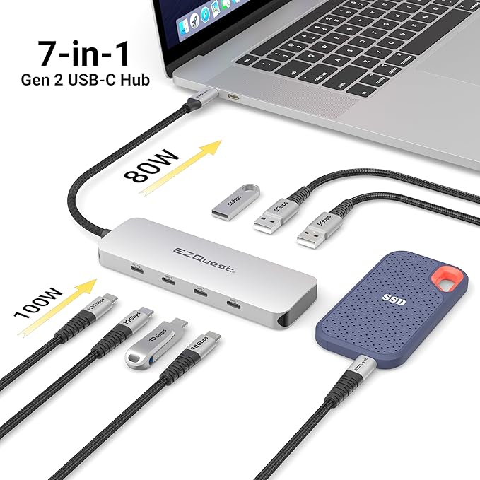 EZQuest USB C Hub Docking Station 7 in 1 with 3 Gen 2 10Gbs Ports 3 USB A 3.0 Ports 1 USB C Power Delivery 3.0 with 5Gbs Data Compatible with MacBook/Dell/HP/Lenovo Laptops