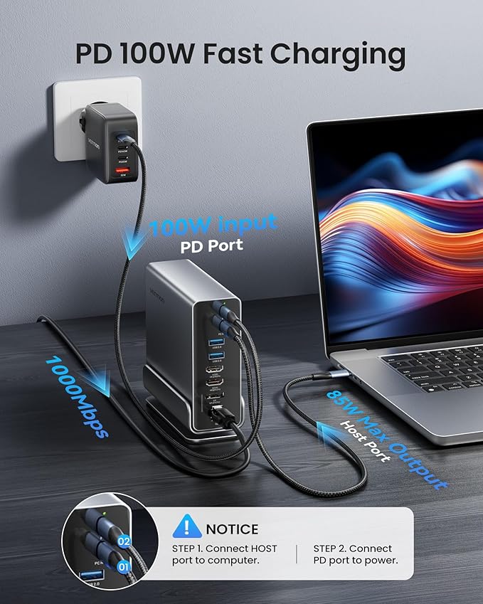 VENTION 15-in-1 Laptop Docking Station Dual Monitor 360° Roatable Triple Monitor Docking Station with 2 * 4K HDMI and 1*DP PD 100W Charging for Laptop 10Gbps USB Port Transfer RJ45 Audio SD/TF