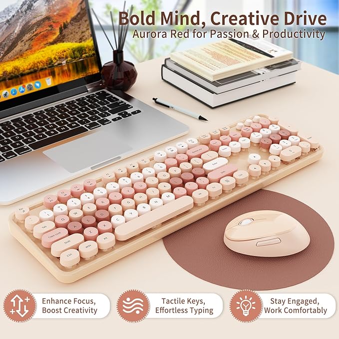 HotFox Wireless Keyboard and Mouse Combo Full-Size Retro Typewriter Keyboard with Round Keycaps Ergonomic Design for Windows PC Home and Office Use -Brown
