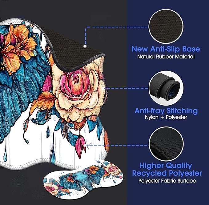 Large Mouse Pad and Keyboard Wrist Rest Desk Pad for Keyboard and Mouse 4-in-1 Large Gaming Mouse Pad with Wrist Support Desk Mat for Home Office Study Game-Floral Elephant