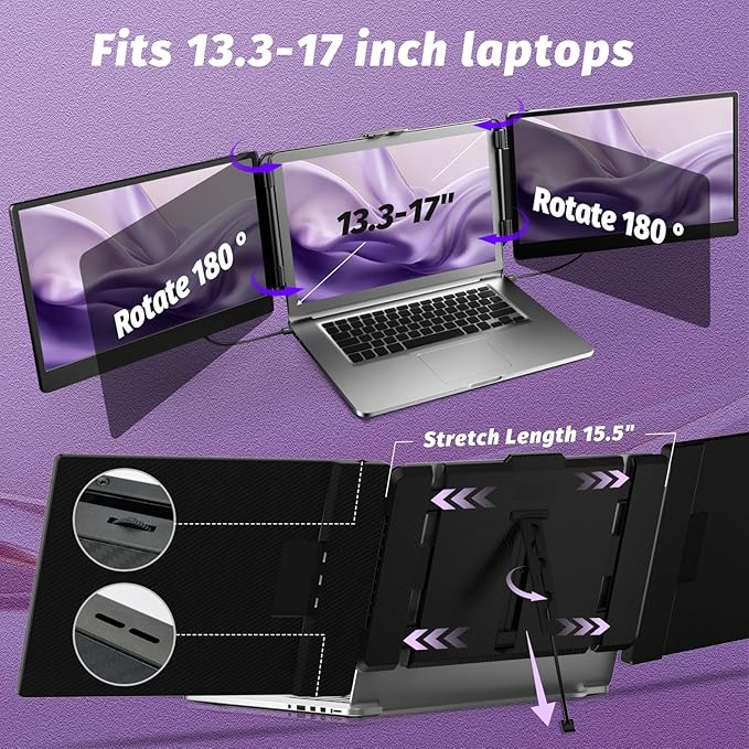 Laptop Screen Extender Monitor - Triple 14 inch IPS FHD 1080P Extended Monitors for 13-17 Laptops Type-C/HDMI/USB-A Compatible with Windows Mac Travel Work