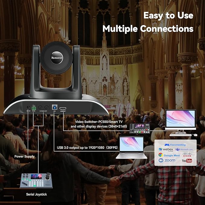 Tenveo 4K AI Auto-Tracking PTZ Camera 3X Optical Zoom USB3.0/HDMI/RS232 93° Wide-Angle UHD 4K 30FPS for Video Conferencing Business Meetings Live Streaming Church Worship Zoom Teams OBS