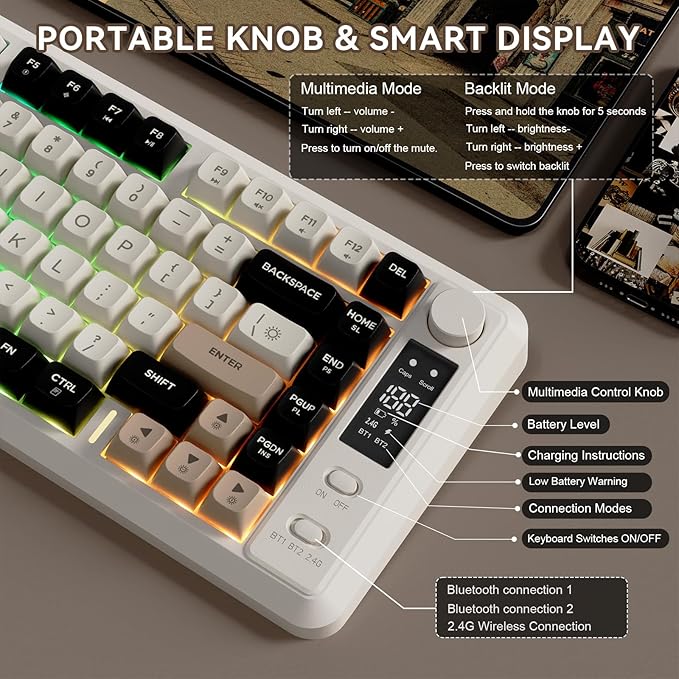 ZIYOU LANG M75 Wireless Gaming Keyboard RGB Backlit Rechargeable 2000mAh Battery Small Membrane But Mechanical Feel Keyboard with Smart Display &amp Knob PBT Gradient keycaps for PC MAC - Cheese