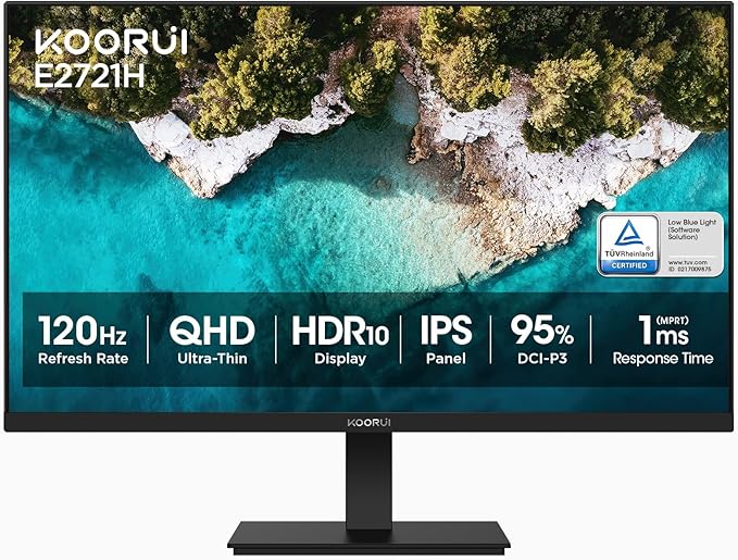 KOORUI 27 Inch QHD (2560x1440) IPS HDR Ultra-Thin Computer Gaming Monitor 120Hz Refresh Rate DCI-P3 95% FreeSync &amp G-Sync 1ms MPRT VESA 100x100mm Tilt Adjustable for Game and Work E2721H