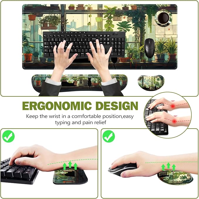 ToLuLu Extended Gaming Mouse Pad Memory Foam Ergonomic Keyboard Mouse Wrist Rest Support Set Large Desk Mat with Stitched Edges Non-Slip Base Mousepad Home Office Cute Green Japanese Kawaii Cat