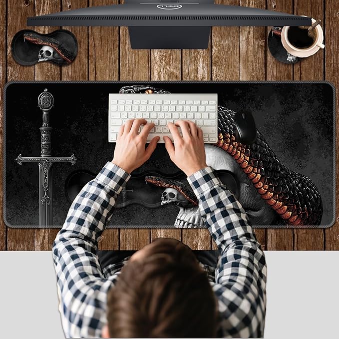 Ergonomic Keyboard Wrist Rest &amp Mouse Pad Wrist Rest SetXL Gaming Desk Mat 31.5x 11.8Non-Slip BaseMemory FoamEasy Typing Pain Relief for Office &amp HomeSword and Skull