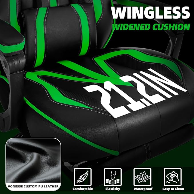 Vonesse Gaming Chair with Footrest Big and Tall Gamer Chair with Massage Reclining Computer Gaming Chair for Adults Ergonomic Game Chair for Teens High Back Video Game Chairs(Green/Black)