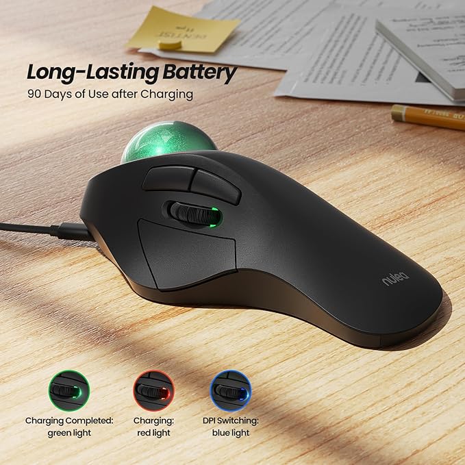 Nulea Wireless Ergonomic Trackball Mouse Rechargeable Bluetooth Rollerball Mouse 44mm Index Finger Trackball 5 Adjustable DPI Compatible with PC Laptop iPad Mac Windows Android