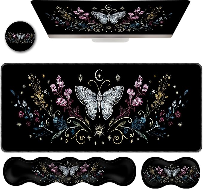 Ergonomic Keyboard Wrist Rest &amp Mouse Pad Wrist Rest SetXL Gaming Desk Mat 31.5x 11.8Non-Slip BaseMemory FoamEasy Typing Pain Relief for Office &amp HomeSilver Butterfly with Flowers