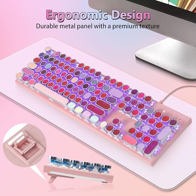 HUO JI Mechanical Gaming Keyboard Typewriter Style with RGB Side Lit and Purple LED Backlit Retro Style Blue Switches - Clicky Metal Panel Lipstick 104 Keys USB Wired for Mac PC Cute Pink