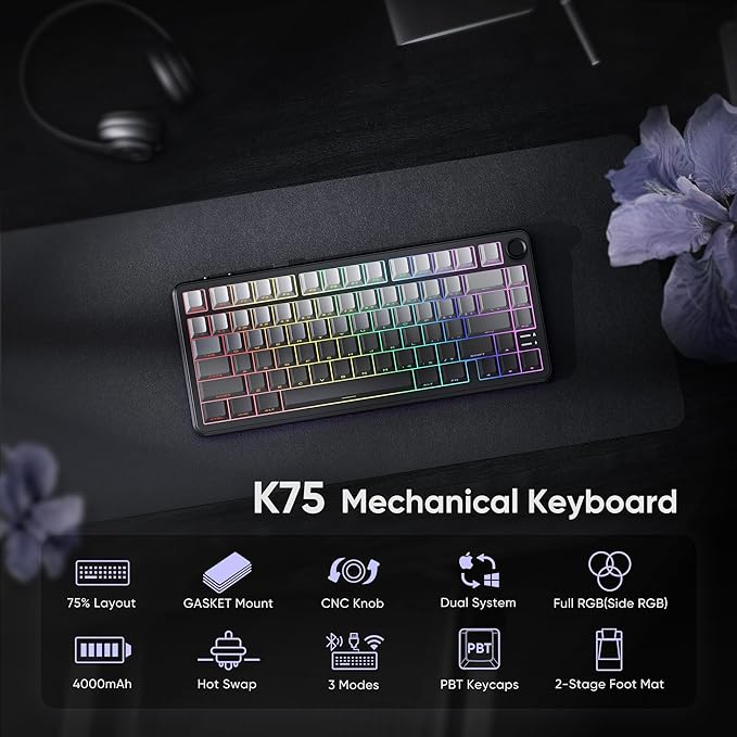 RedThunder K75 Wireless Mechanical Gaming Keyboard 75% Hot Swappable Creamy Keyboard with Knob RGB Backlit Pre-lubed Linear Switches Side Engraved PBT Keycaps Wireless/Wired/BT5.0 Gradient Gray