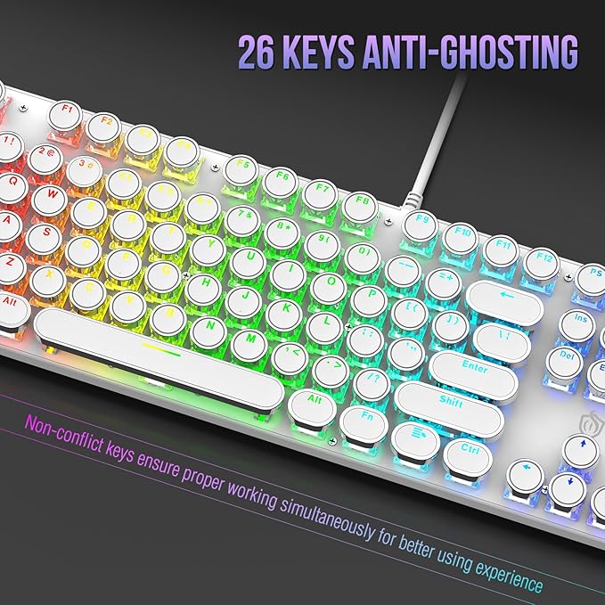 Typewriter Mechanical Gaming Keyboard with RGB Backlit Red Switches 104 Keys Retro Round Keycap Wired Typewriter Style Comfortable Typing Soud (White RGB)