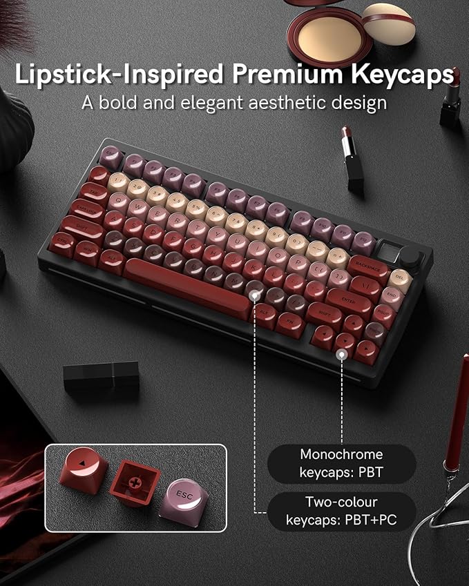 MT75 Lipstick Wireless Mechanical Keyboard 75% Layout Hot Swap Gasket Custom Structure Creamy Pre-lubed Switches Gaming Keyboard with MOA Jelly Keycaps RGB Backlit BT5.0/2.4G/USB-C Mode