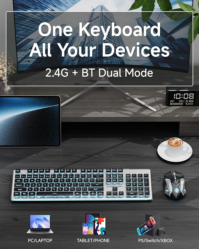 EWEADN V3 Wireless Keyboard and Mouse with Blue Backlit Metal Panel Bluetooth/2.4G Rechargeable Computer Keyboard and Mouse Combo Silent Lighted Full Size Cordless Keyboards-Black