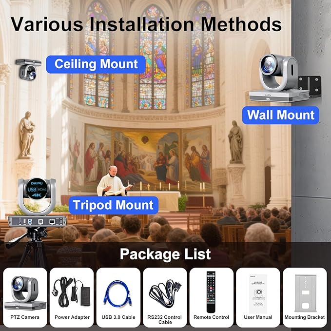 PTZ Camera 4K 12X Optical Zoom Conference Room Camera HDMI USB3.0 LAN PoE AI Auto Tracking 1/2.8 8.29MP CMOS Sensor 255 Presets for Church Worship Live Streaming Business Video Conference