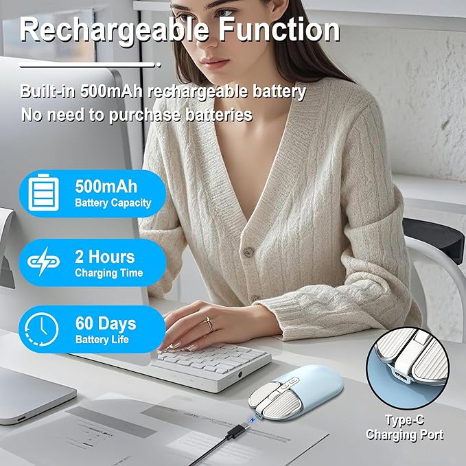 Wireless Mouse Bluetooth Cute Ultra Slim Silent Computer Mice with USB Receiver Dual-Mode 2.4G &amp Bluetooth Rechargeable Portable USB Cordless Mouse for Laptop PC Desktop Tablet Kids Adults Gift B