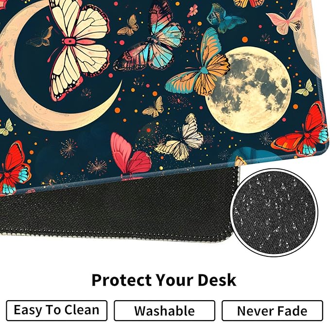 Large XXL Gaming Desk Mat 31.5x 11.8 Ergonomic Keyboard Wrist Rest &amp Mouse Pad Wrist Rest + Coaster Set Non-Slip Base Memory Foam Office and Home Moon Butterfly