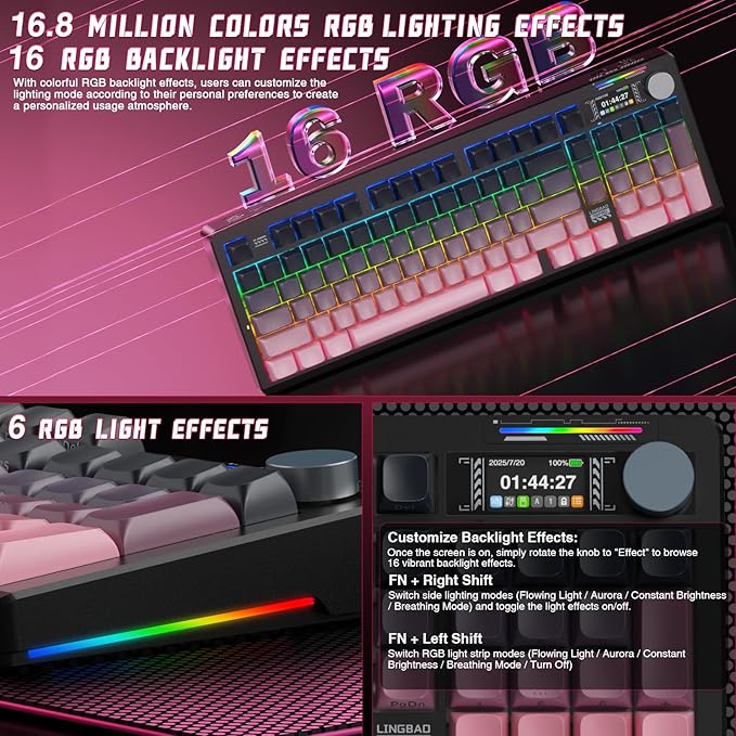 LINGBAO K98 PRO Mechanical Keyboard Wireless with Screen &amp KnobRGB Gaming Keyboard Tri-Mode BT5.0/2.4GHz/USB-C Gasket Mount Hot-Swappable Linear Switches Gamer Keyboards for PC/Mac/Linux/Andro
