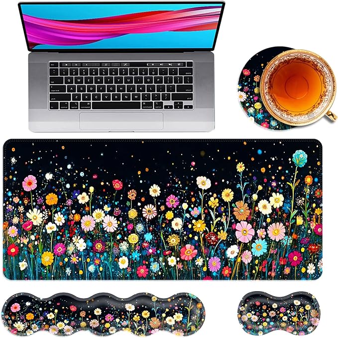 Large Mouse Pad and Keyboard Wrist Rest Desk Pad for Keyboard and Mouse 4-in-1 Large Gaming Mouse Pad with Wrist Support Desk Mat for Home Office Study GameColorful Flower Field