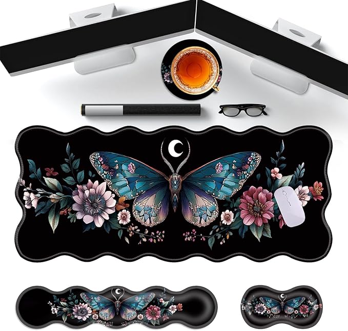 Large Gaming Mouse Pad Keyboard Wrist Rest Pad &amp Wrist Support Mousepad Set Stitched Edge Extended Non-Slip Base Memory Foam Desk Mat for Office HomeAesthetics Floar Butterfly Moon