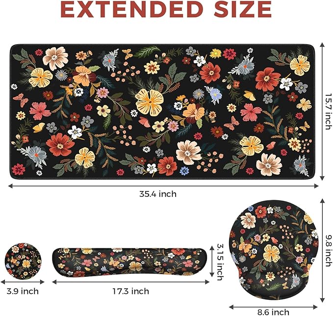 iCasso Desk Cover Mat 4in1 Floral Large Mouse Pad with Wrist Rest Desk Matt for Desktop Anti-Slip XXL Big Computer Ergonomic Mousepad with Wrist Support for Keyboard and Mouse (Flowers)