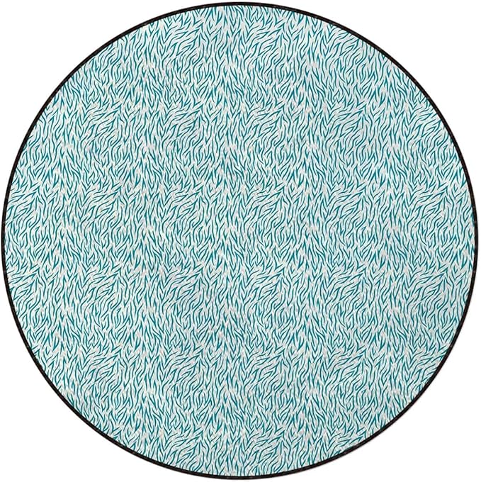 Green Teal Round Area Rug Machine Washable Non Slip Indoor Sofa Floor Area Mat Carpet for Living Room Sofa Bedroom Nursery Decor Leaves Plants Wavy Pattern Doodle Style Diameter 55 in