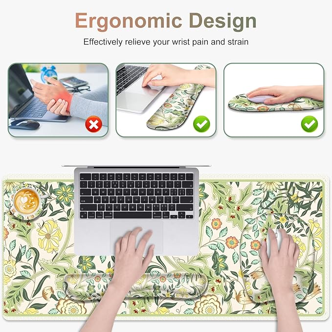 4 in 1 Large Mouse Pad Keyboard Wrist Rest Set Ergonomic Mouse Pad with Wrist Support Desk Mat with Stitched Edges Extended Desk Pad Waterproof Desk Mat for Home Office Game I Green Flower Plants