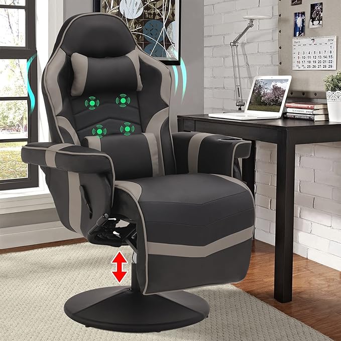 LVUYOYO Reclining Gaming Chair Gaming Chair with Footrest and Massage High Back PU Leather Gaming Recliner w/Adjustable Height Swivel Game Chair with Lumbar Support Cup Holder Headrest