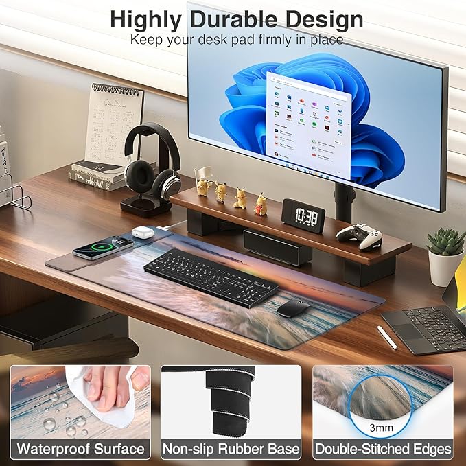 Wireless Charging Mouse Pad 31.5x15.8 Large Gaming Desk Mat for Keyboard/Laptop Waterproof Ultra-Smooth Surface Non-Slip Base with 20W PD Adapter Beach Sunset