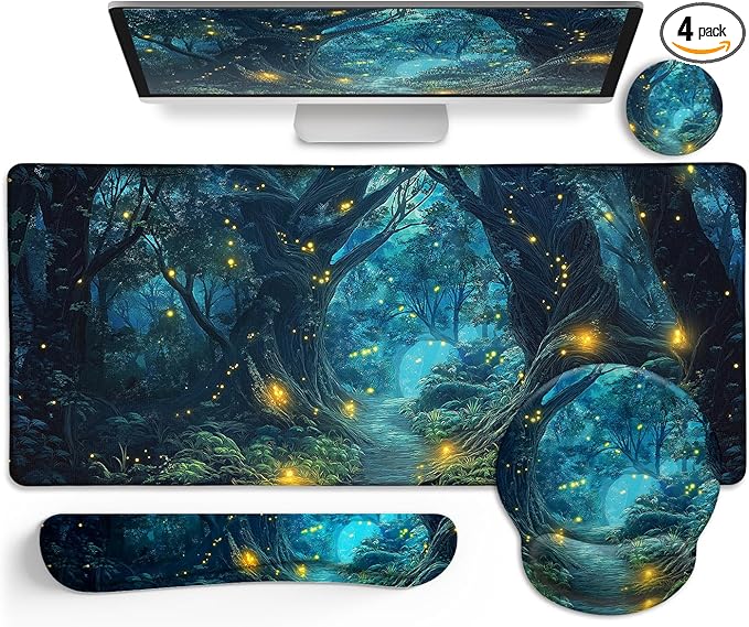 Ergonomic Mouse Pad Set Large Desk Matt for Desktop Gaming Mouse Pad Wrist Rest Keyboard Mat Cup Coaster Set Cute Office Desk Decor Accessories for Women Firefly Forest