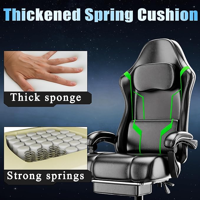 Ergonomic Gaming Chair Video Game Chair with Pocket Spring Cushion and Footrest Height Adjustable Computer Chair with Swivel Seat and Headrest (Green)
