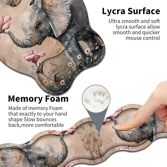 Keyboard Wrist Support + Wrist Mousepad + Coaster Combination Non-Slip PU Base with Gel Memory Mousepad Suitable for Gaming Office Pain Relief Mousepad Set - Cute Little Elephant Flower