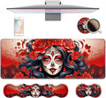 4 in 1 Ergonomic Keyboard Wrist Rest &amp Mouse Pad Wrist Rest Set Large XXL Gaming Desk Mat 31.5x 11.8 with Non-Slip Base Memory Foam for Home Office Study Gaming Sugar Skull Girl Roses