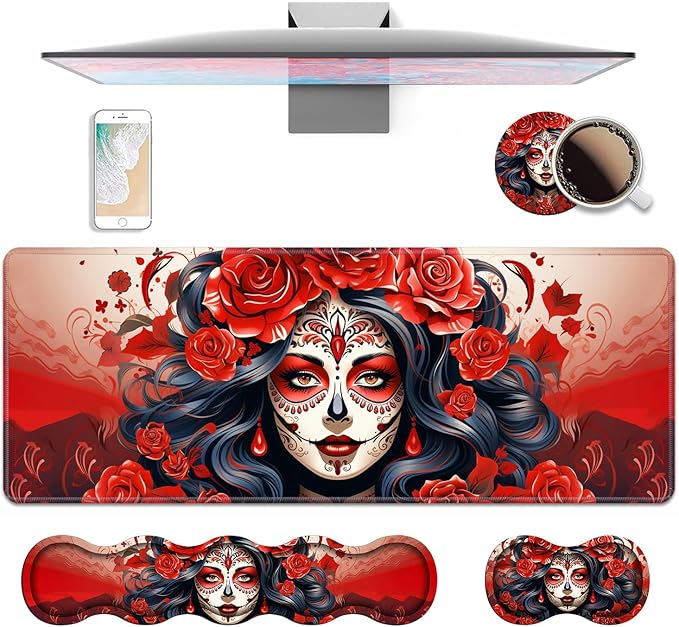 4 in 1 Ergonomic Keyboard Wrist Rest &amp Mouse Pad Wrist Rest Set Large XXL Gaming Desk Mat 31.5x 11.8 with Non-Slip Base Memory Foam for Home Office Study Gaming Sugar Skull Girl Roses