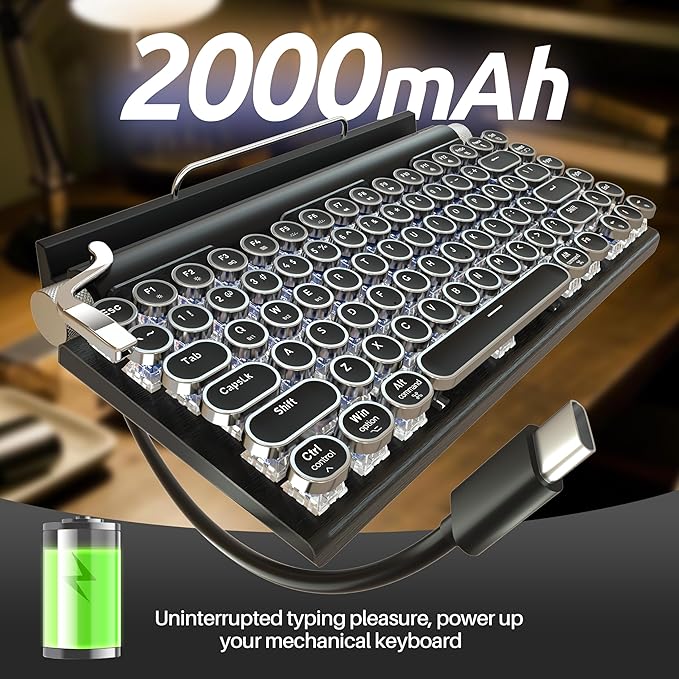 Taiahiro Retro Typewriter Mechanical Keyboard Wireless Bluetooth 5.0 LED Backlit Office Computer Keyboards with 83-Key Clicky Blue Switches Vintage Design for PC/Laptop/Mac/Pad/Phone/Gaming Black
