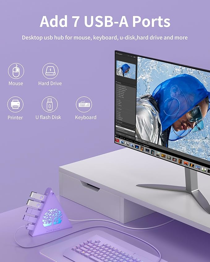 7-Port USB 3.0 Hub Light Purple Vertical USB Splitter with Tree-Inspired RGB Lights 5Gbps High-Speed Transfer 2FT Cable Compatible with MacBook PC Flash Drive Console Printer Camera
