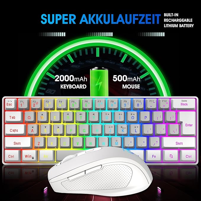 Snpurdiri 2.4G Wireless Gaming Keyboard and Mouse Combo Include Mini 60% Mechanical Feel RGB Backlit Keyboard Ergonomic Vertical Feel Small Wireless Mouse(White and Grey)