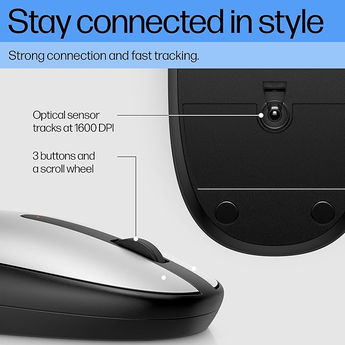 HP 240 Bluetooth Mouse-Silver Bluetooth 5.1 Wireless Swift Pair 1600 DPI accurate tracking 3 Buttons Slim Portable 2-year battery for Wins PC laptop Notebook Mac and Chromebook (43N04AA#ABA)