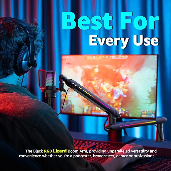 IXTECH RGB Low Profile Boom Arm for Mic Adjustable Microphone Arm Stand with Desk Mount Clamp Rotatable Microphone Boom Arm Mic Stand with Cable Management for Podcast Streaming Gaming Studio.