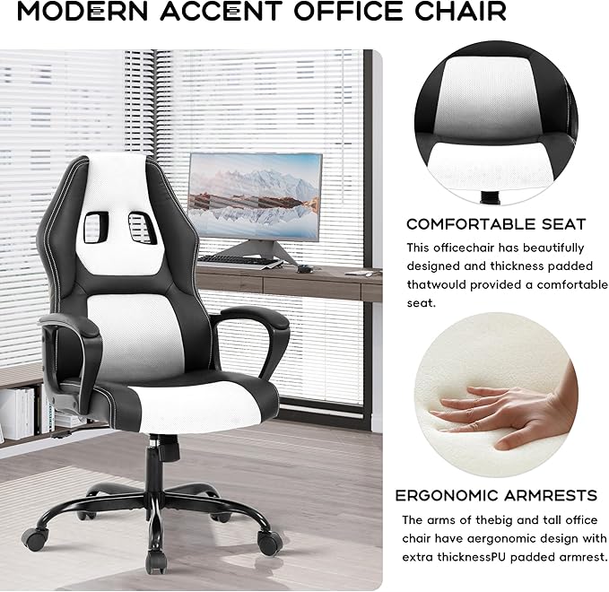 MKDLUFEI Video Game ChairErgonomic Office Chair Desk Chair and Lumbar Support PU Leather Recliner with HeadrestHeight Adjustable Computer Chair for Adults (White)