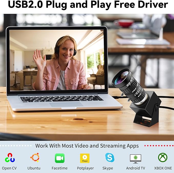 48MP USB Webcam 8K Ultra HD Color Camera with 5-50mm 10X Manual Optical Lens 6000P Industrial Security Video Camera Close-Up Zoom Function Plug-and-Play for Windows Linux Mac OS